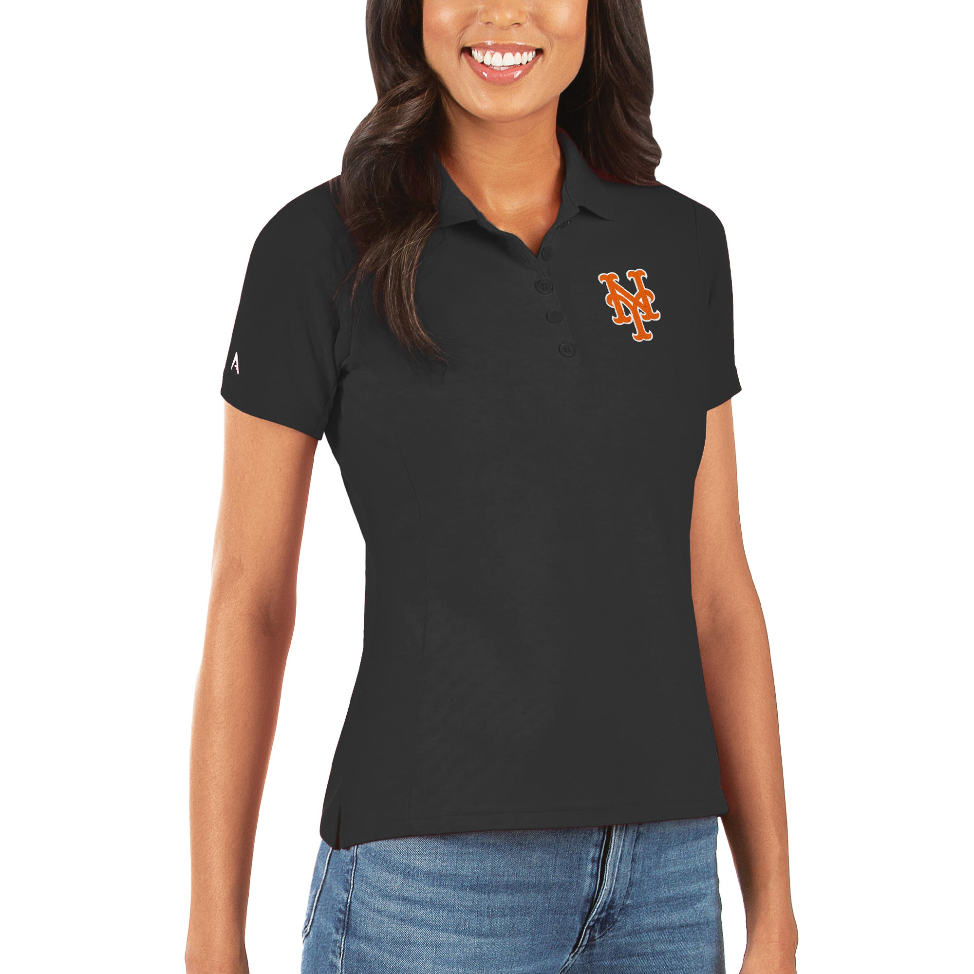 Women's Antigua Black New York Mets Legacy Pique Polo