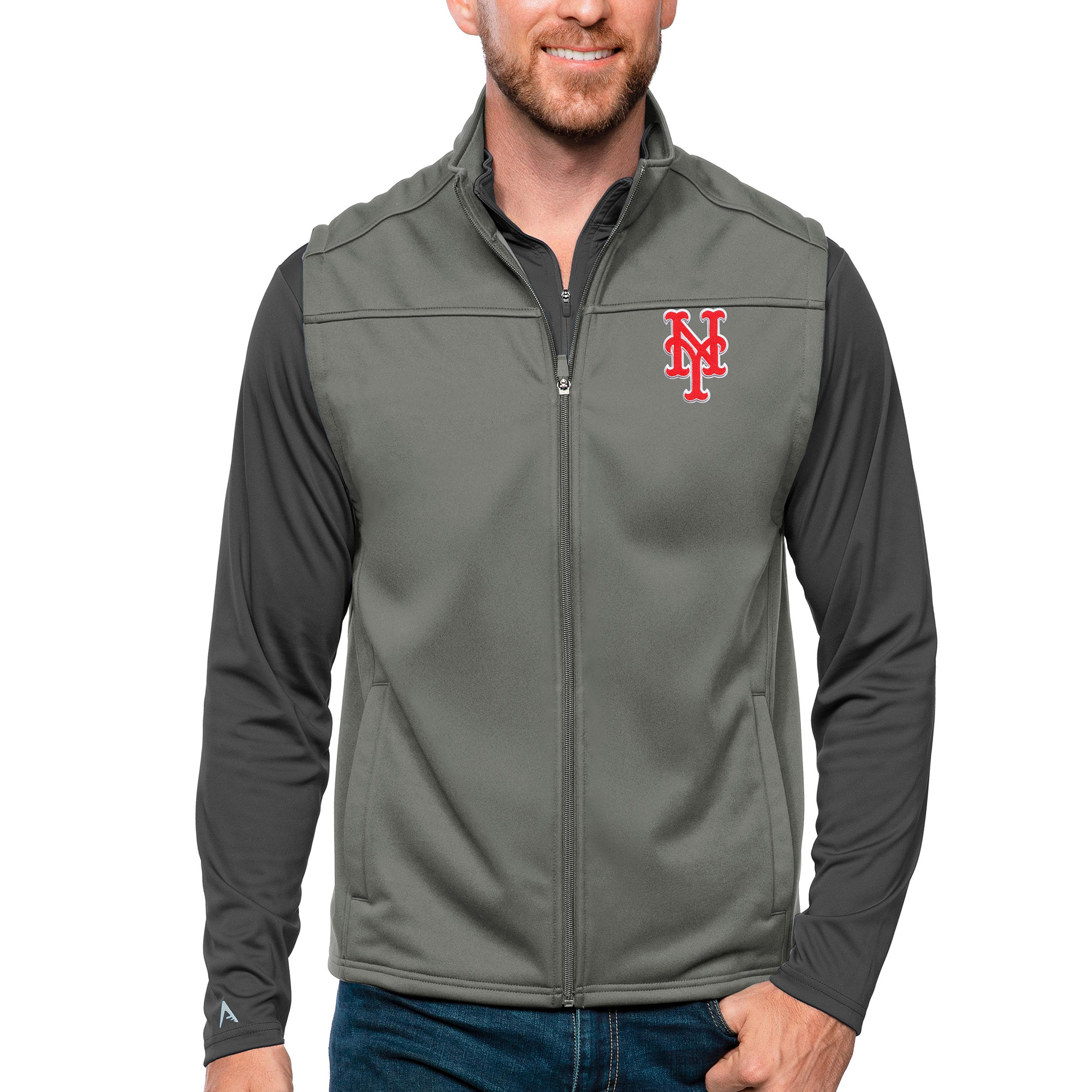 Men's Antigua Steel New York Mets Links Full-Zip Golf Vest