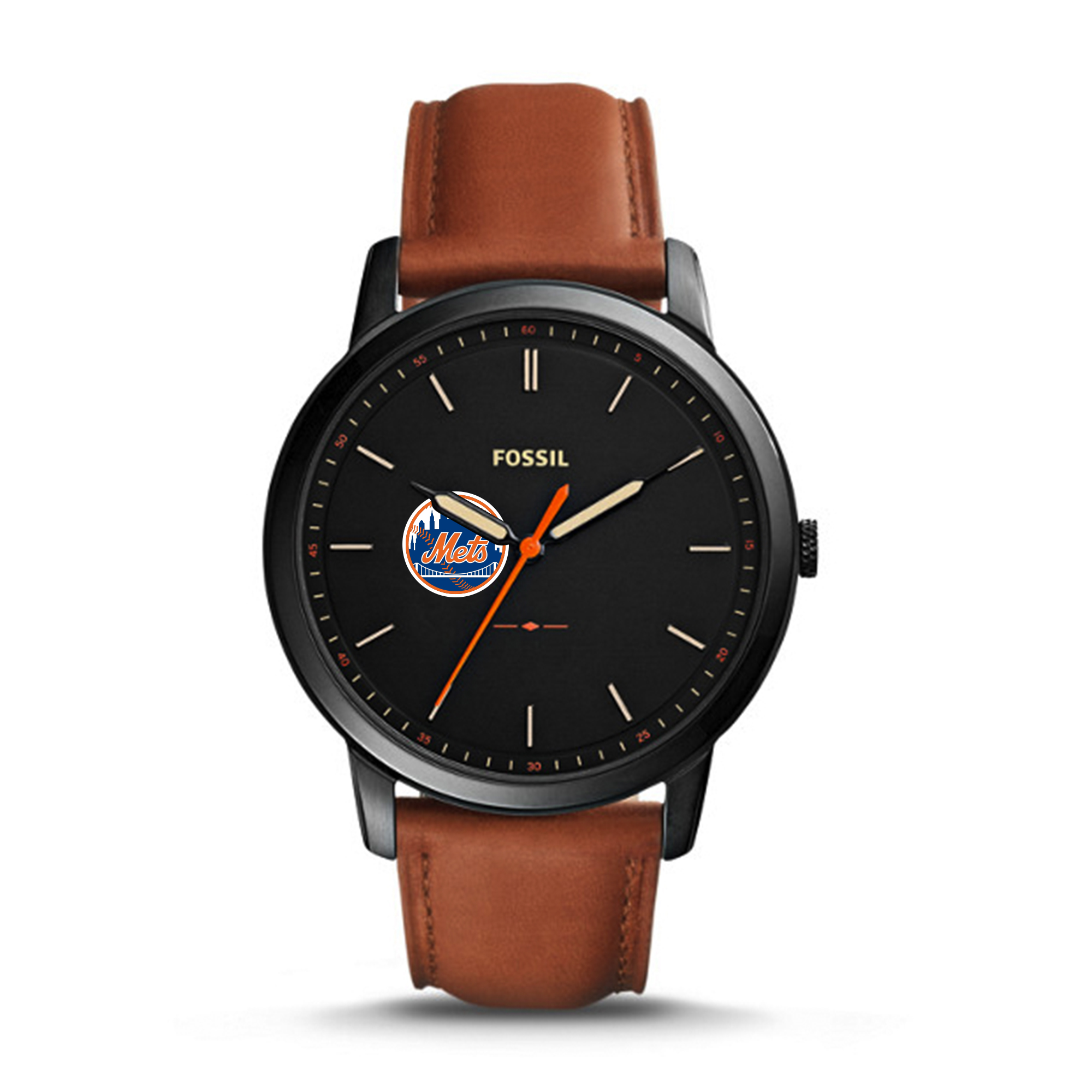 Men's Fossil Brown New York Mets Minimalist Leather Watch