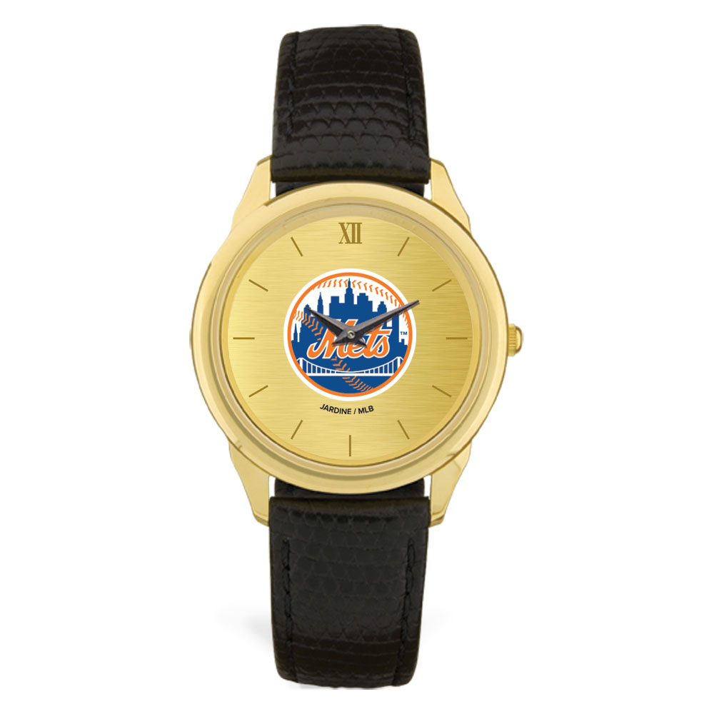 Men's  Black New York Mets Gold Dial Leather Wristwatch