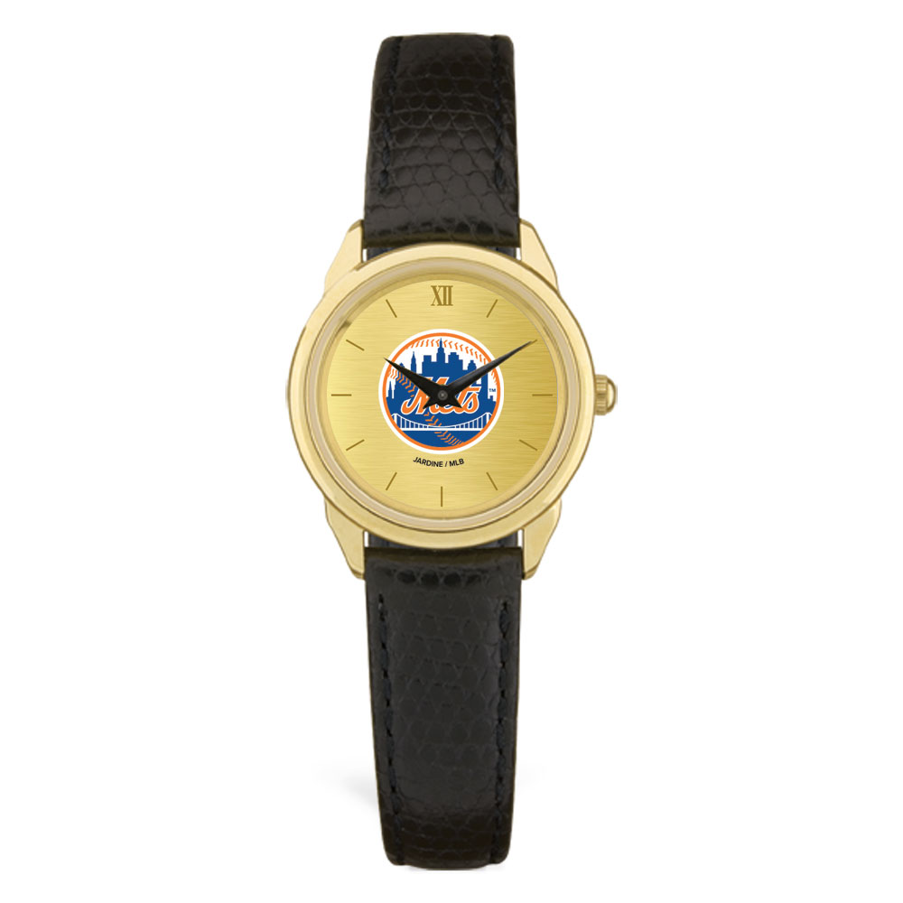 Women's  Black New York Mets Gold Dial Leather Wristwatch