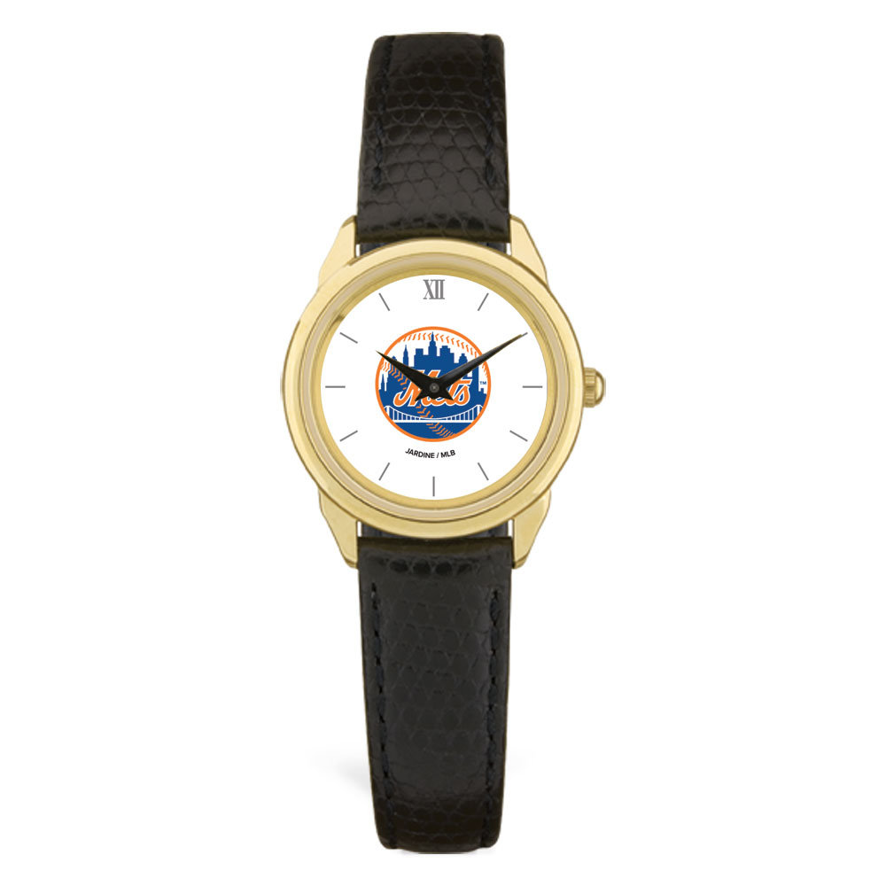 Women's  Black New York Mets White Dial Leather Wristwatch